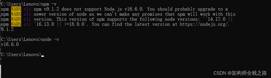 成功解决：npm 版本不支持node.js。【 npm v9.1.2 does not support Node.js v16.6.0.】插图(2)